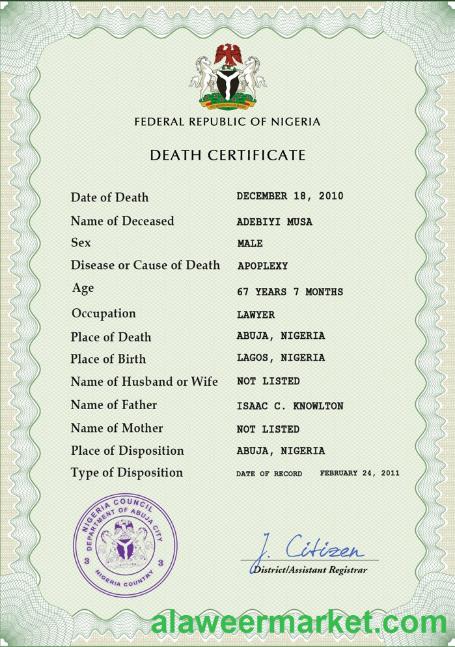 Nigeria vital record death certificate PSD template